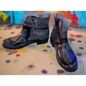 Boots Rain Garden Slip On Rubber Paisley Ankle Women 8 XL 39